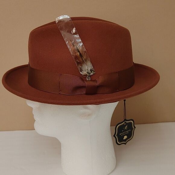 MEN'S MONTIQUE COGNAC LIGHT FELT 2 1/2" WIDE BRIM PINCH FEDORA HAT. H60 - Picture 2 of 8